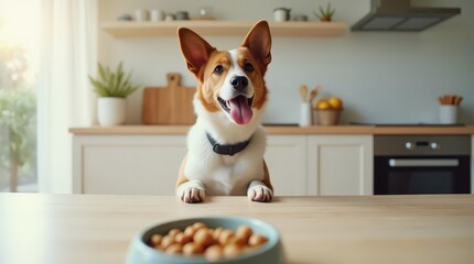 Corgi eagerly awaits treats in a modern kitchen during a sunny afternoon