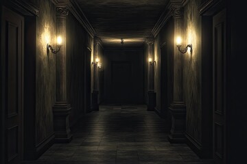 Long, dark hallway in an old mansion.  Dimly lit by wall sconces.  Mysterious atmosphere