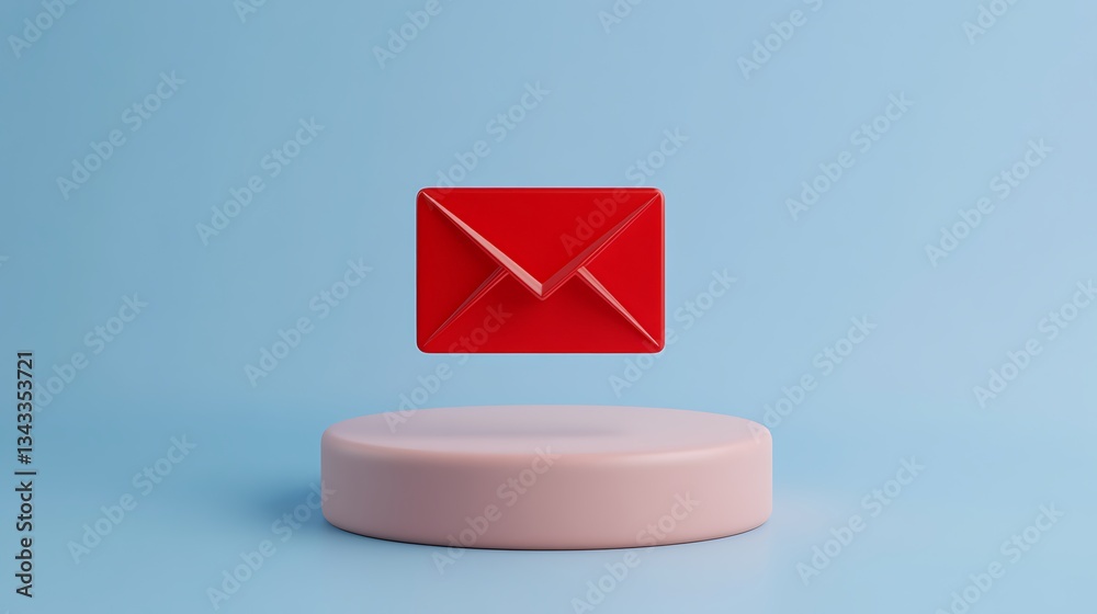 Poster red envelope floating above pink round platform on light blue background for communication and messa
