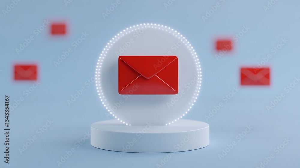 Poster red envelope on display with glowing circle and floating mail icons in digital message concept