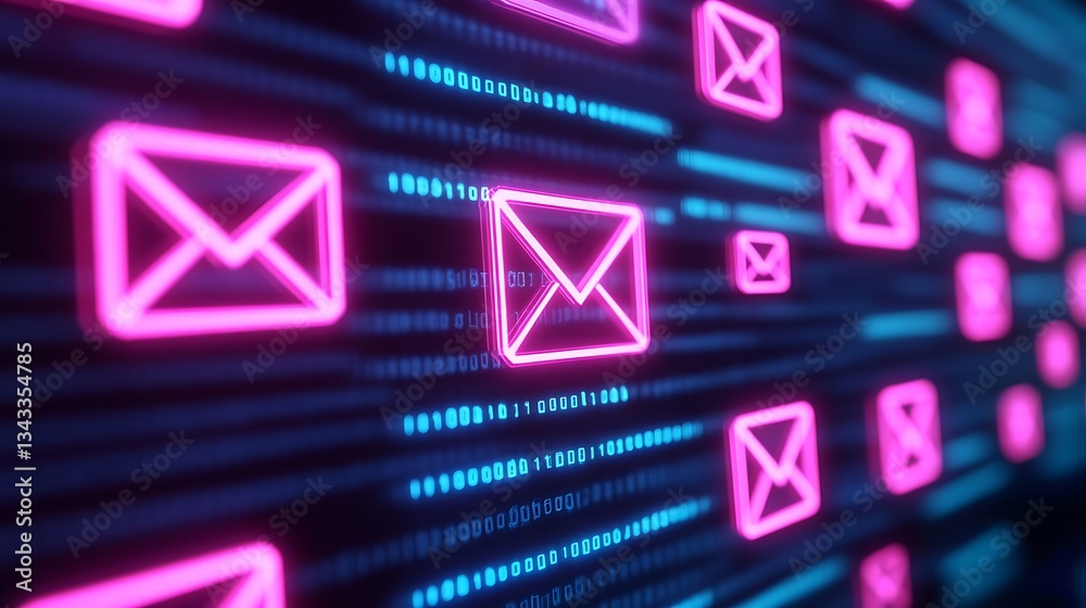 Wall mural vibrant digital email icons on binary background representing modern communication and technology tr