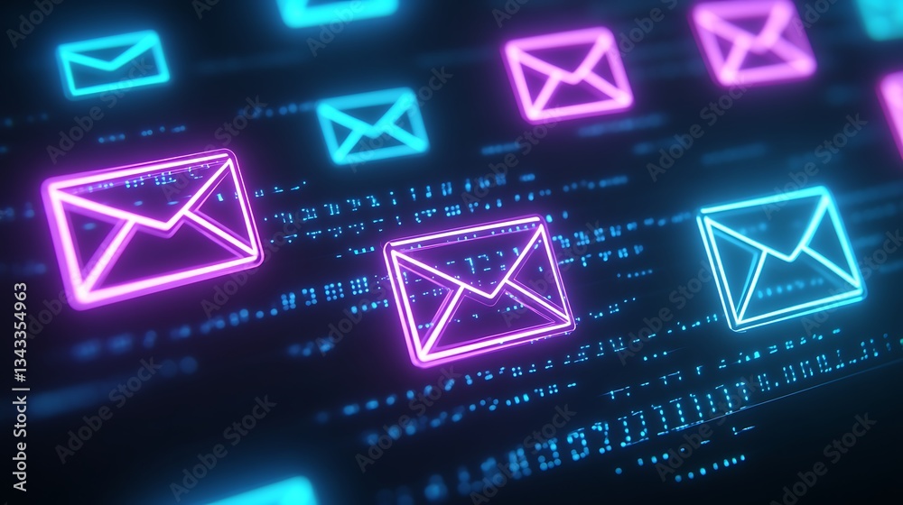 Poster vibrant neon email icons on abstract digital background with glowing lines and encryption patterns