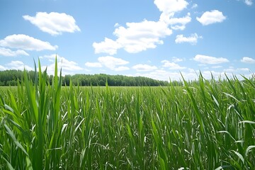 Obraz premium Lush Green Grass Field under Blue Sky with Clouds