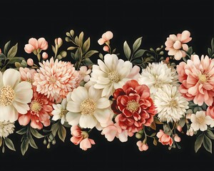 Floral Arrangement: Red, Peach, and White Flowers on Black Background