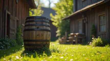 Wooden barrel stands in a sunlit garden near rustic buildings during warm afternoon