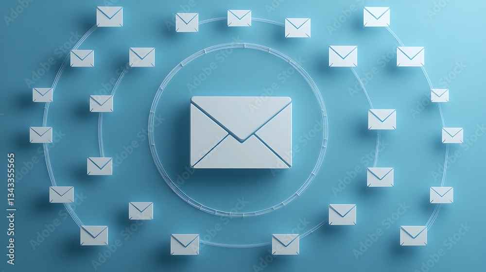 Wall mural white envelope icon surrounded by multiple digital mail icons on a blue background representing comm