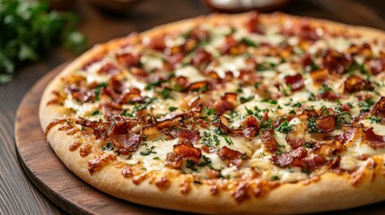 A symphony of flavors: crispy bacon, creamy carbonara sauce, and melted mozzarella, harmoniously united in a savory pizza masterpiece.