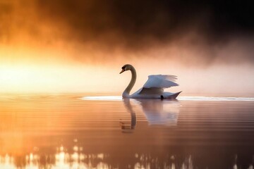 Fototapeta premium Mist envelops the lake, creating a mystical atmosphere for the swan.