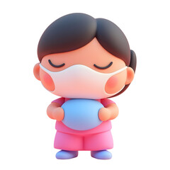 Obraz premium A 7 year old asian girl with black hair and a white mask holding a blue ball with a white background