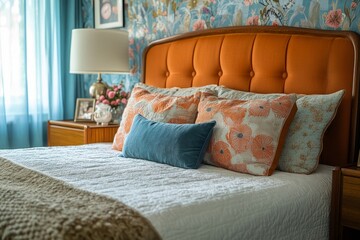 a cozy bedroom scene featuring an upholstered bed with decorative pillows and a wooden nightstand. The walls are adorned with wallpaper and there's natural light shining through the window