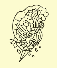 japanese theme doodle hand drawn black and white colour