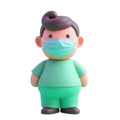 Fototapeta premium Cartoon of a white boy, 7 years old, with brown hair and wearing a green surgical gown and a blue mask, white background