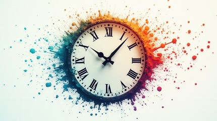 Unique clock design with colorful paint splashes creating an artistic representation of time