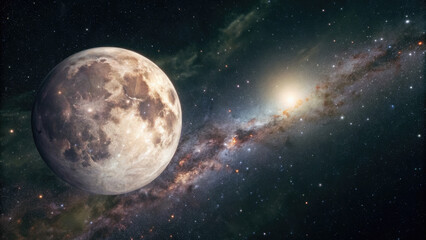 Fototapeta premium A glowing planetary disk floating in deep space, surrounded by cosmic nebulae and distant stars, offering a serene and vast celestial background with room for text or design elements.