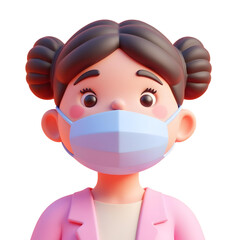 A white girl, age 10, brown hair in pigtails, wearing a pink jacket and a blue surgical mask, white background