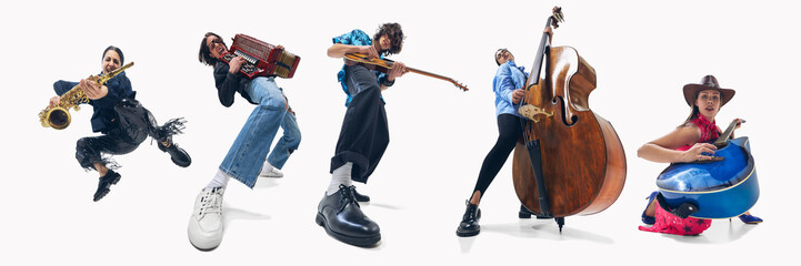 Set of three people, artistic man and women playing double bass, saxophone, guitar and accordion...