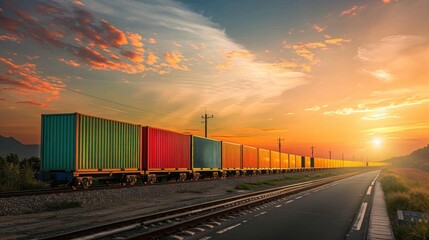 Obraz premium Vibrant cargo train on railway against a backdrop of breathtaking sunset