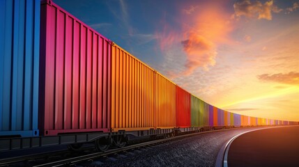 Fototapeta premium Vibrant freight train passing through golden horizon at dusk transports goods