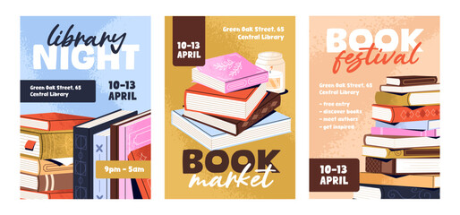 Set of bookstore event poster design. Promotion templates of bookshop or public library. Advertising layouts of book shop with heaps of fiction literature for reading. Flat vector illustrations