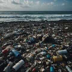 Environmental Pollution: Plastic Waste and Garbage Accumulation on Rocky Shoreline near Ocean Waters