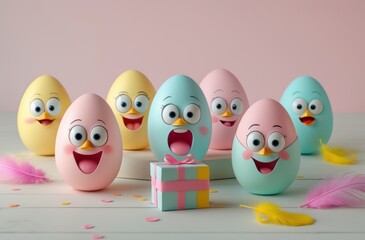 Fototapeta premium Colorful Easter eggs with expressive faces and gift boxes.