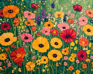 Colorful Poppy Meadow Acrylic Painting Impressionistic Floral Fine Art