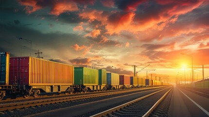 Fototapeta premium Freight Train Journey at Dramatic Sunset: Global Transportation Logistics