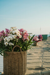 Basket of Flowers on Sandy Beach in Tranquil Setting