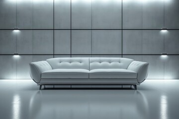 a modern, minimalist white sofa in a sleek, contemporary interior space with panel wall and modern lighting