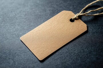 A rectangular brown tag hanging by natural twine thread