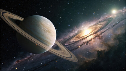 A glowing planetary disk floating in deep space, surrounded by cosmic nebulae and distant stars, offering a serene and vast celestial background with room for text or design elements.