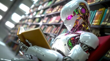 Fototapeta premium AI Robot Reading Book in Library Future of Learning Technology and Knowledge