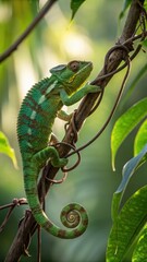 Lively chameleon climbing on a branch in a lush tropical forest wildlife photography close-up view nature concept