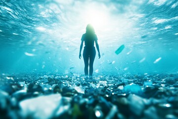 Fototapeta premium Person Standing in Sunlit Ocean Surrounded by Floating Plastic Waste