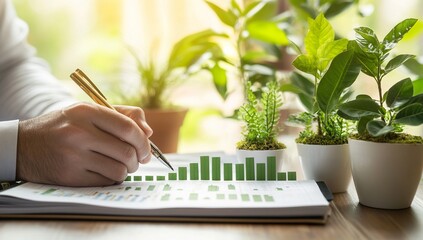 Businessman using a pen and notebook to write on a financial chart with green plants, representing the growth of a business concept. 