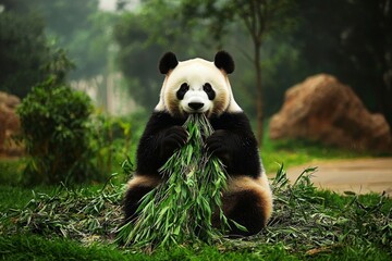 Naklejka premium Breakfast time at Chengdu Panda Base in China