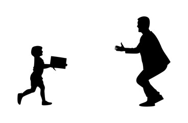 The father is holding out his hand in the room, the son is running with a gift box in his hand vector.