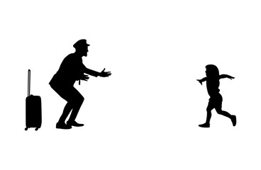 A father stands with his arms outstretched, his son running towards him with his arms outstretched vector .