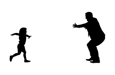 A father stands with his arms outstretched, his son running towards him with his arms outstretched vector .