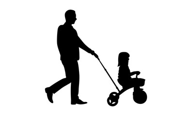 Father pushing his daughter on a tricycle vector.