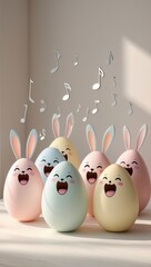 Singing Easter eggs with bunny ears and musical notes.