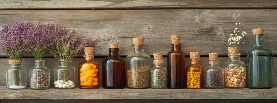Comparison of old apothecary bottles and modern herbal supplements highlights the evolution of herbal medicine practices over time