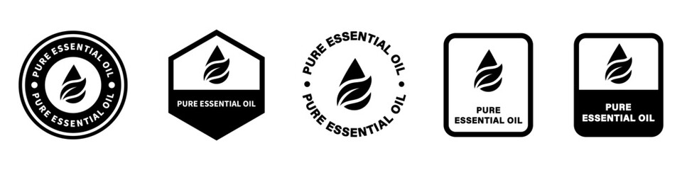 Pure Essential Oil - product information stickers isolated on white.
