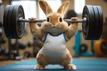 A humorous anthropomorphic brown rabbit lifting weights in a modern gym. Ideal for fitness promotions, Easter themes, or playful wellness campaigns.