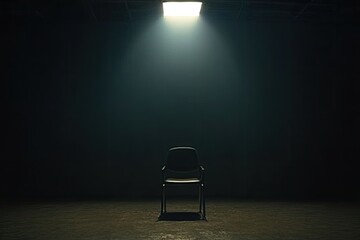Empty chair in a dark room.  Spotlight illuminates the void