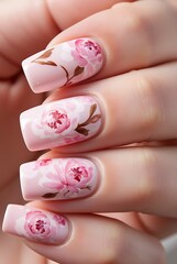 Glossy Pink Nails with Hyper Detailed Peony Design.