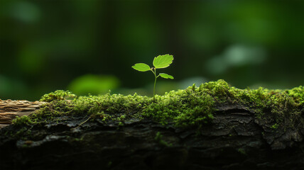 倒木の上に芽吹く小さな新芽と森の生命循環