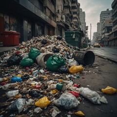 Fototapeta premium Overfilled Trash Bags Littering a Dilapidated City Street, Promoting Environmental Concerns and Urban Neglect