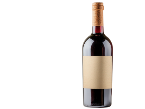 A wine bottle with a cork stopper and a blank label, showcasing a rich red liquid inside, Transparent background.