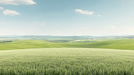 serene landscape of rolling green hills under clear blue sky, evoking sense of peace and tranquility